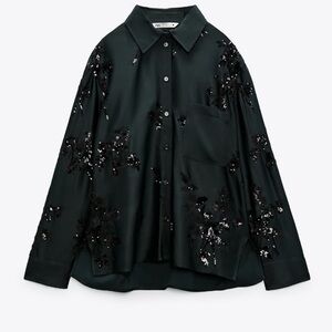 Like New ZARA Black Sequin Embellished Satin Shirt XL